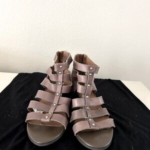 Taupe strappy sandals with metal studs